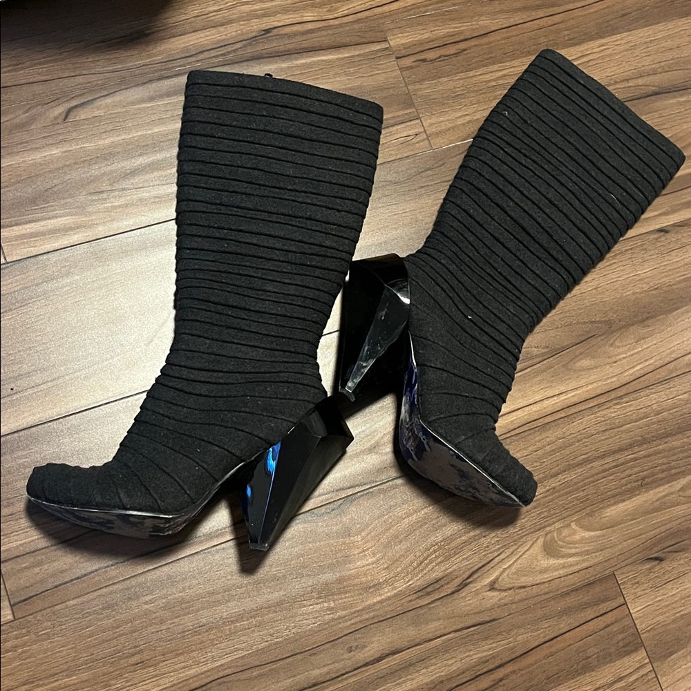 Irregular Choice Black Ribbed Boots with Angular Heels